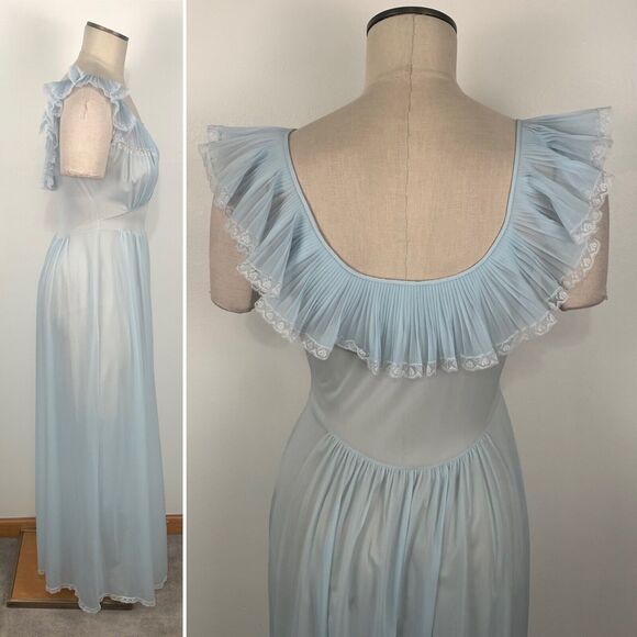 VINTAGE Vanity Fair Pale Blue Nylon Nightgown Maxi Slip Flounce Sleeve S / 32 - Picture 11 of 14